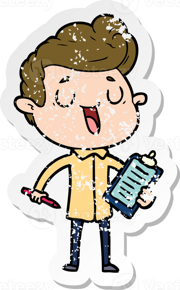 distressed sticker of a happy cartoon man png