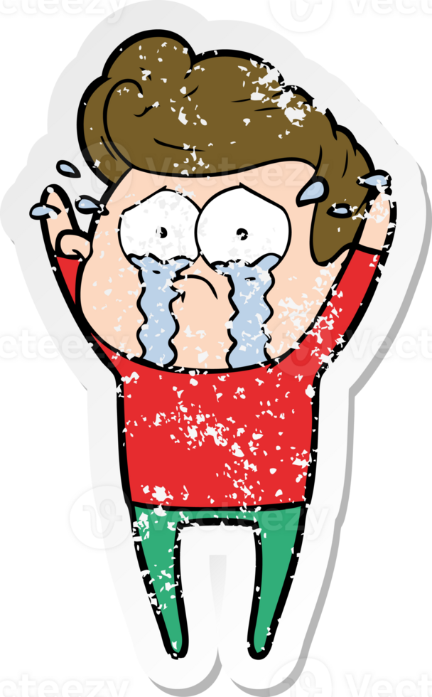 distressed sticker of a cartoon crying man png