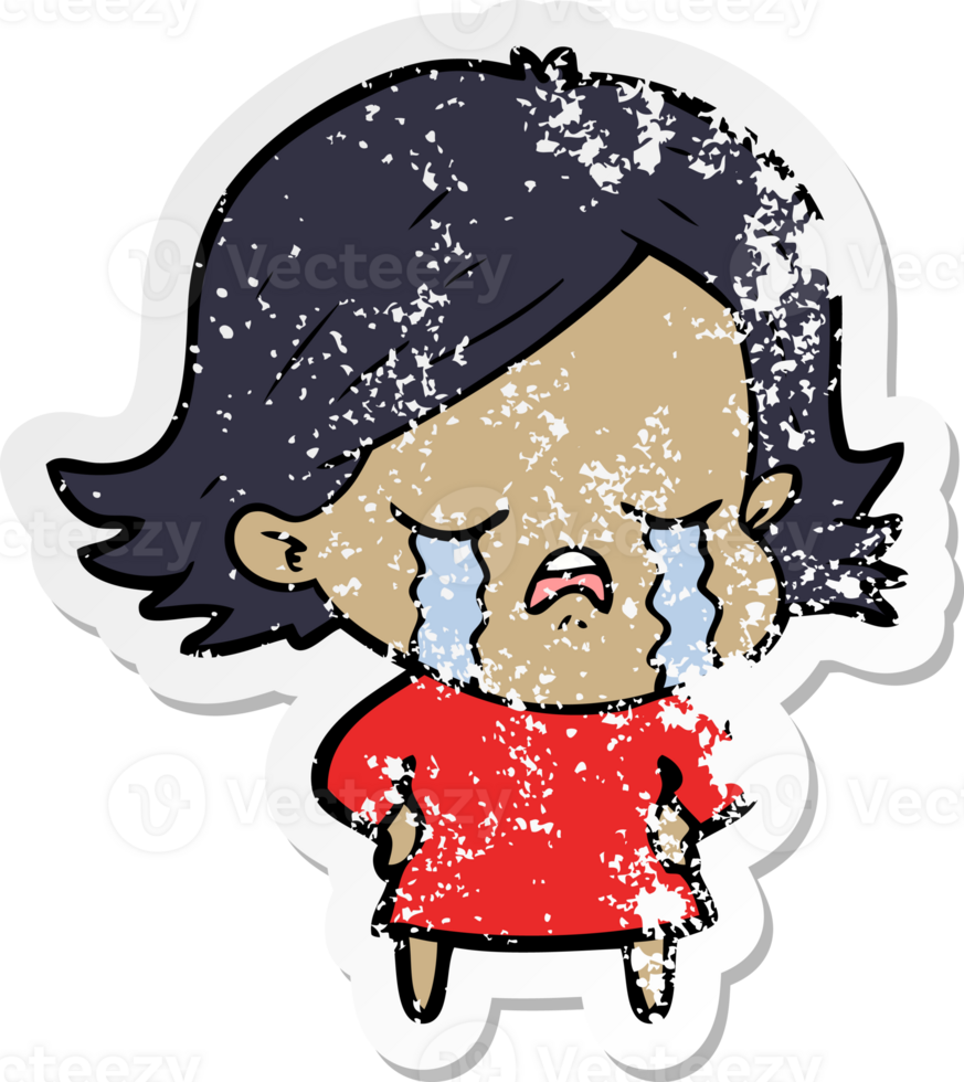 distressed sticker of a cartoon girl crying png