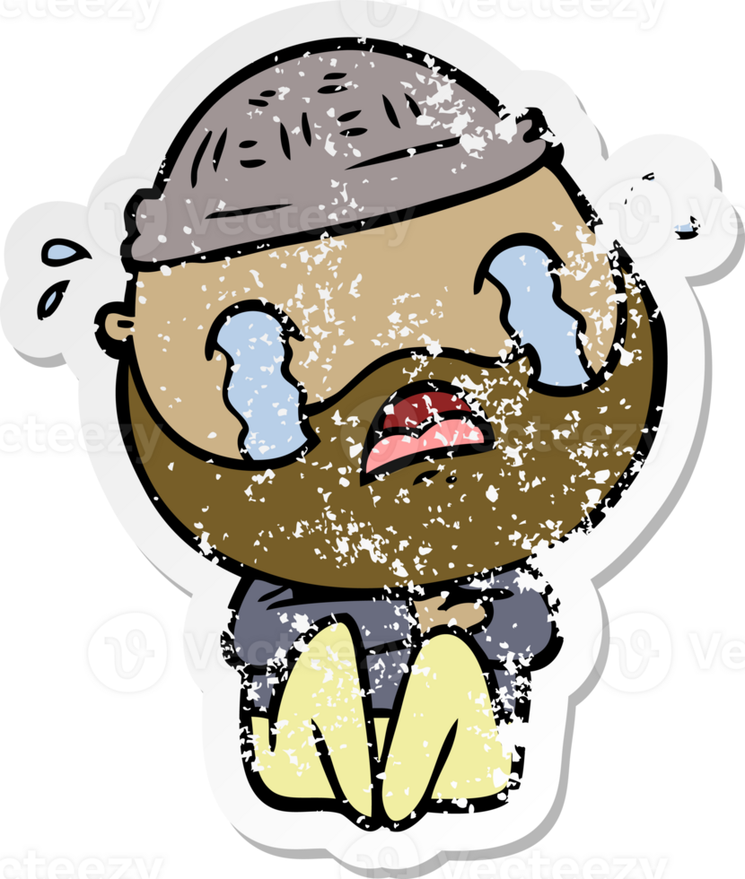 distressed sticker of a cartoon bearded man crying png