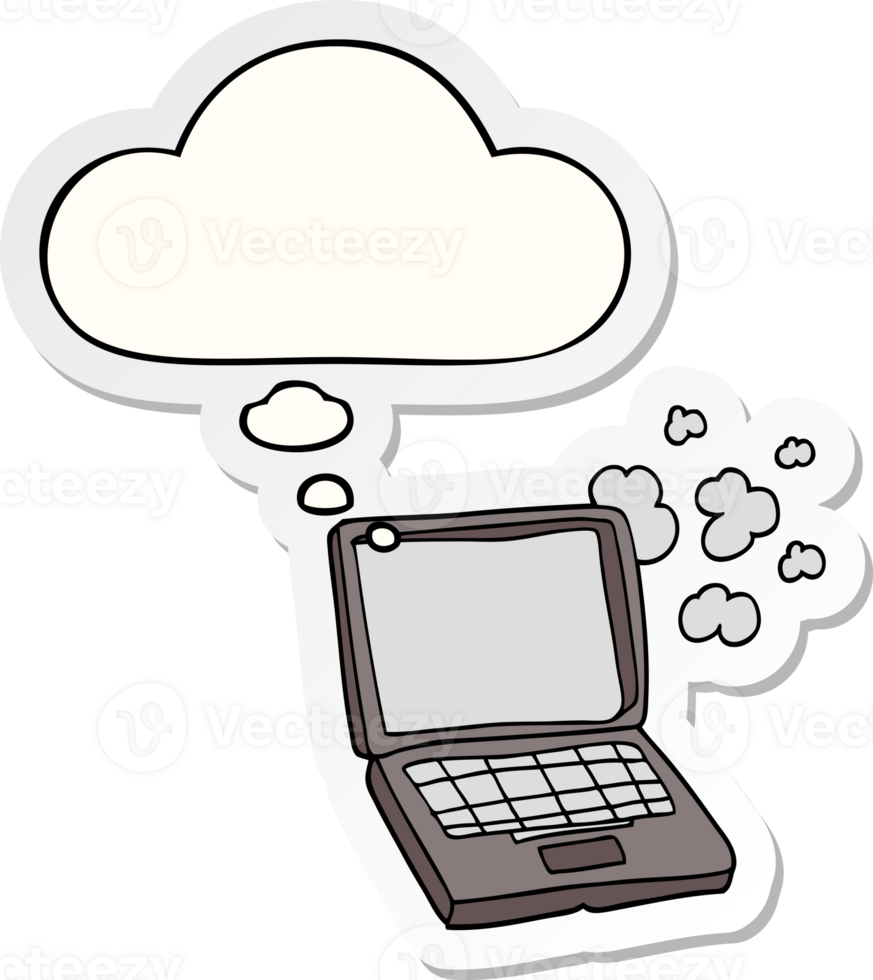 cartoon laptop computer with thought bubble as a printed sticker png