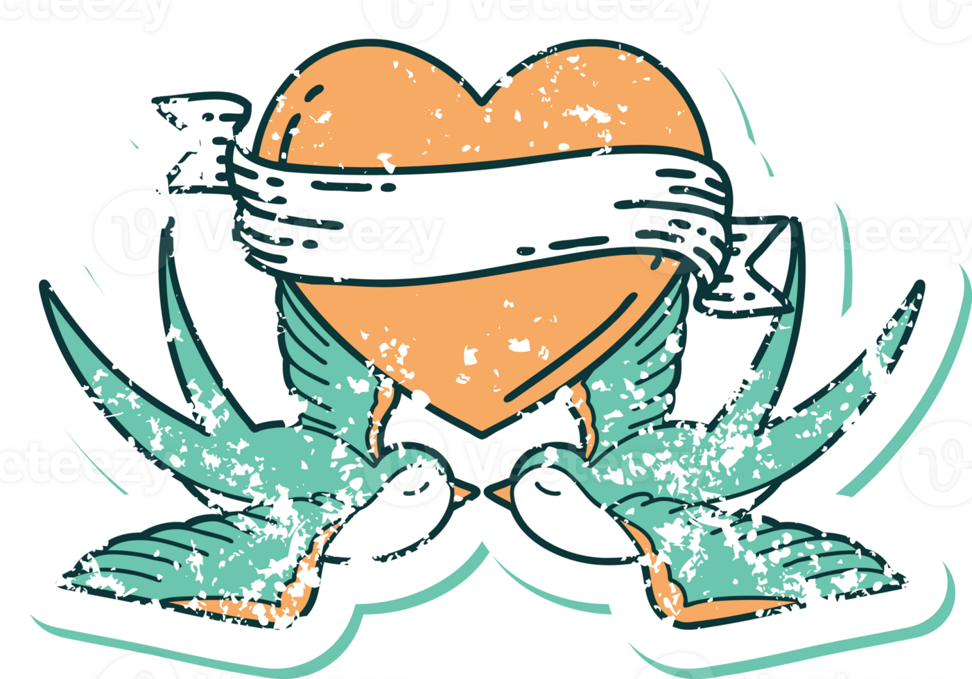 iconic distressed sticker tattoo style image of swallows and a heart with banner png
