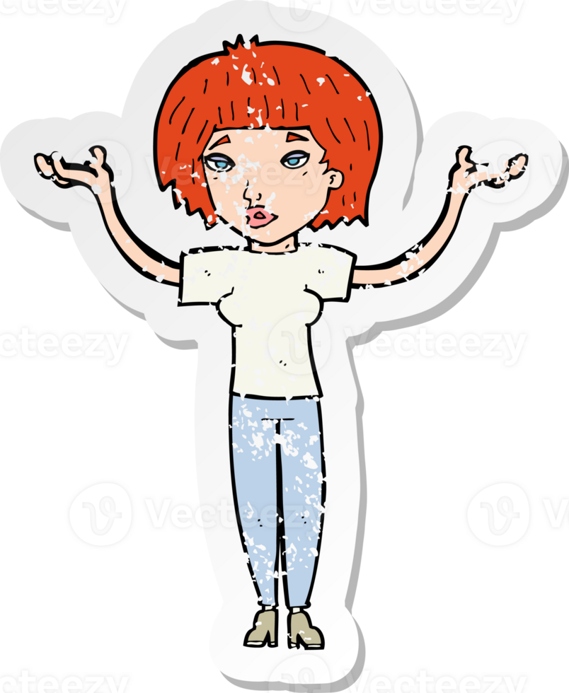 retro distressed sticker of a cartoon woman shruggin shoulders png