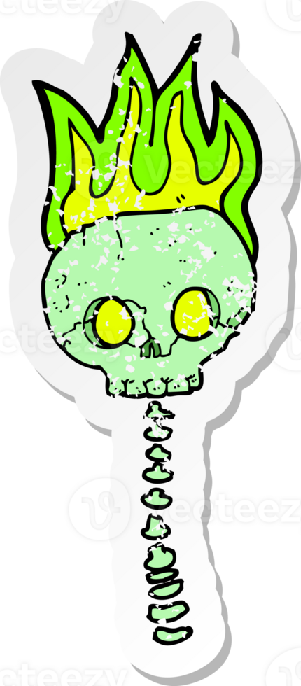 retro distressed sticker of a cartoon spooky skull and spine png