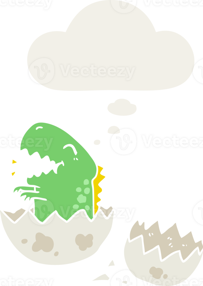 cartoon dinosaur hatching with thought bubble in retro style png