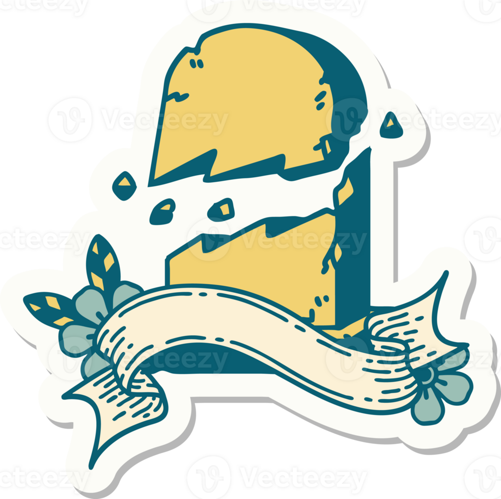 tattoo style sticker with banner of a broken grave stone png