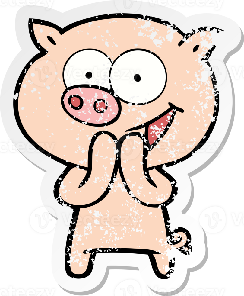 distressed sticker of a cheerful pig cartoon png