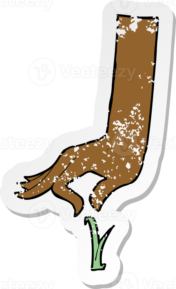 retro distressed sticker of a cartoon hand picking blade of grass png
