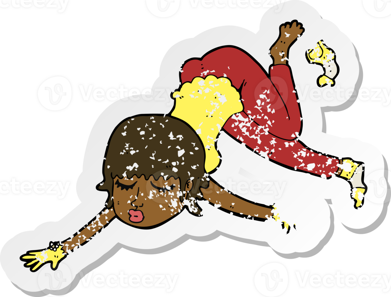 retro distressed sticker of a cartoon woman floating png