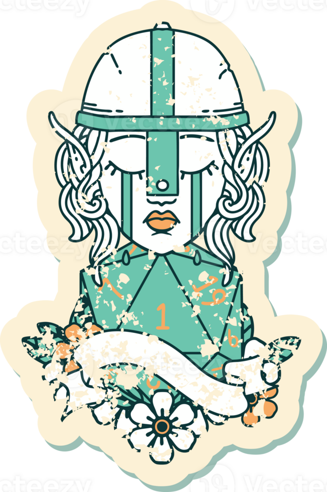 Retro Tattoo Style crying elf fighter character face with natural one D20 roll png