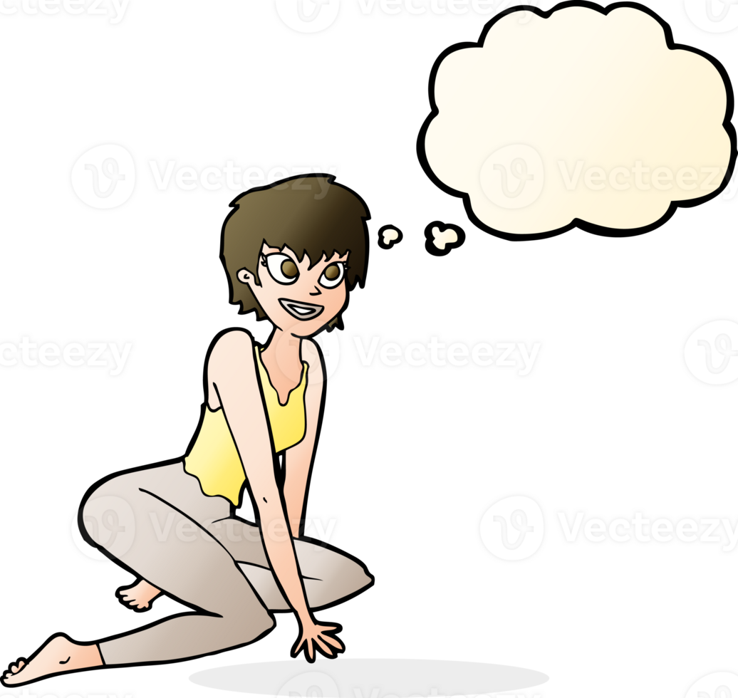 cartoon happy woman sitting on floor with thought bubble png