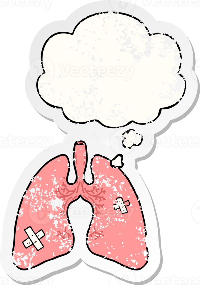 cartoon lungs with thought bubble as a distressed worn sticker png