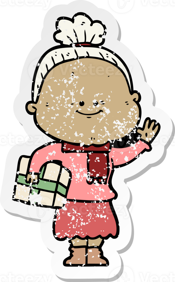 distressed sticker of a cartoon happy old woman png