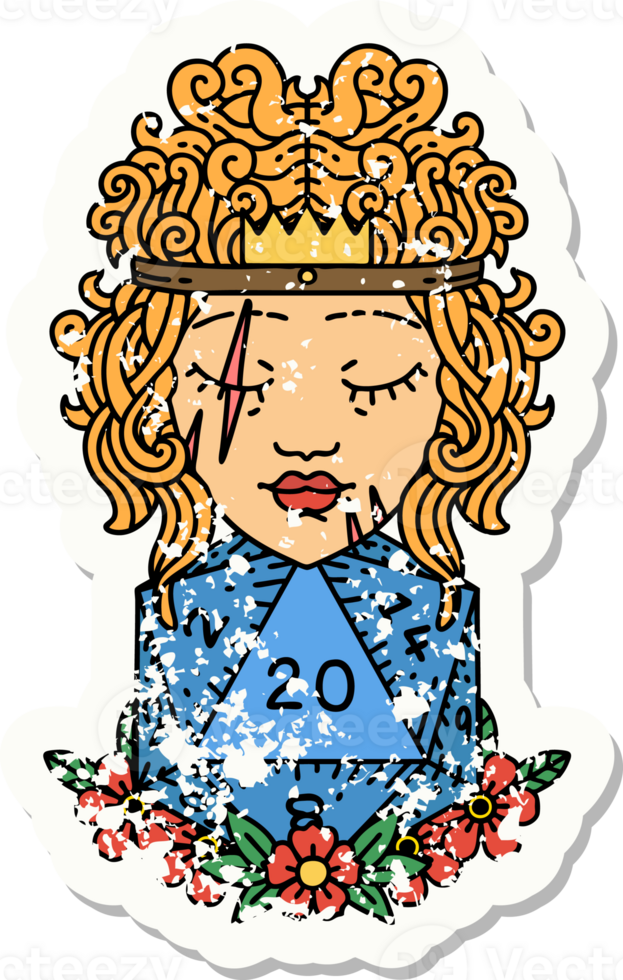 grunge sticker of a human barbarian with natural twenty dice roll png