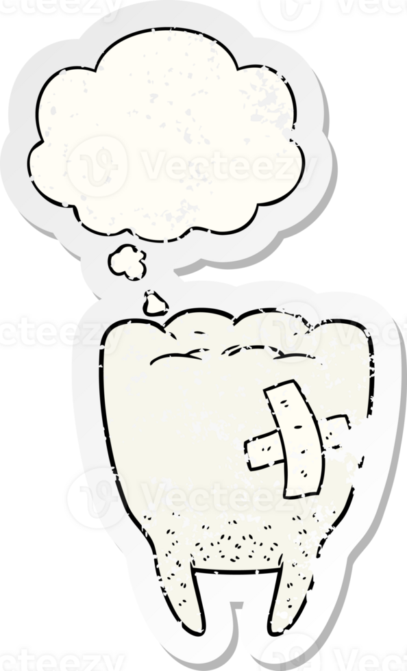 cartoon bad tooth with thought bubble as a distressed worn sticker png