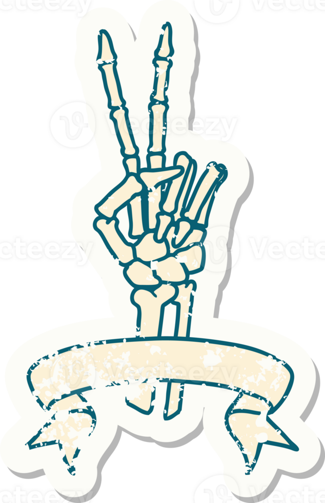 worn old sticker with banner of a skeleton giving a peace sign png
