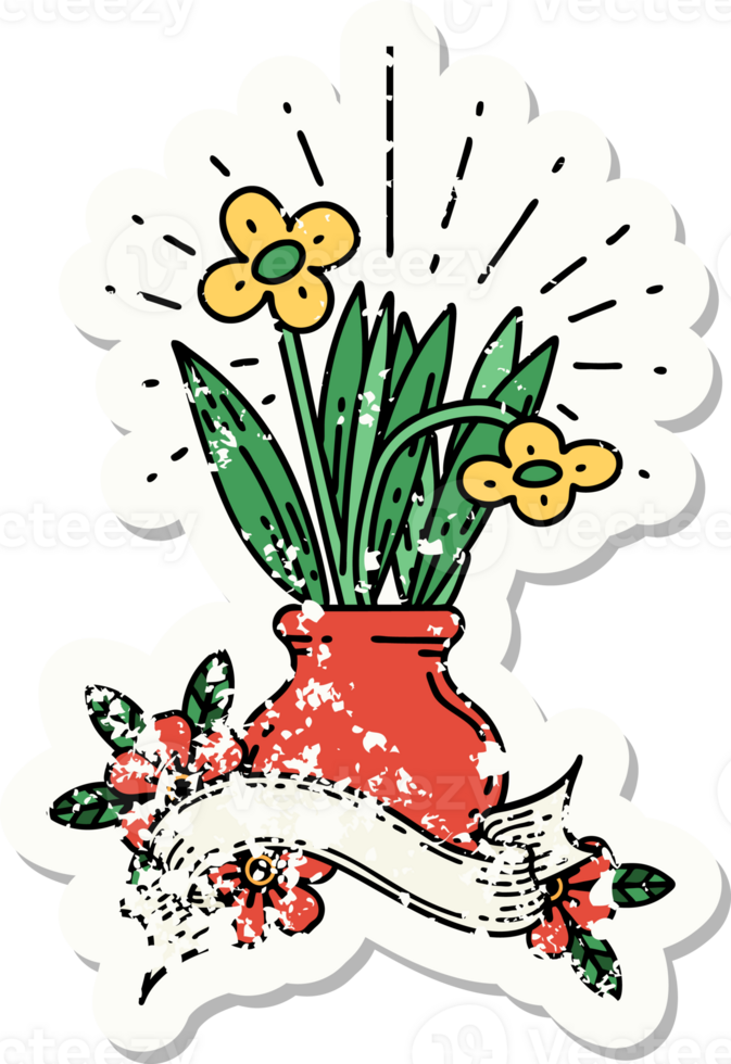 worn old sticker of a tattoo style flowers in vase png
