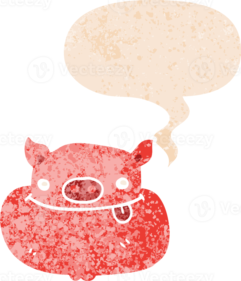 cartoon happy pig face with speech bubble in grunge distressed retro textured style png
