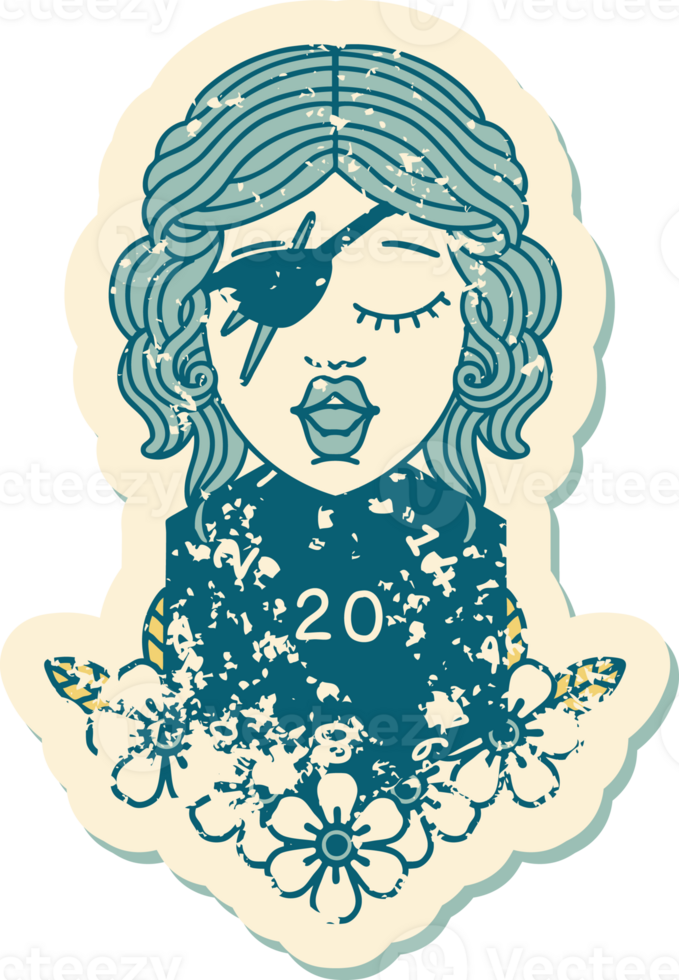 grunge sticker of a human rogue with natural twenty dice roll png