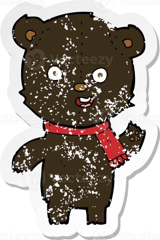 retro distressed sticker of a cartoon waving black bear cub with scarf png