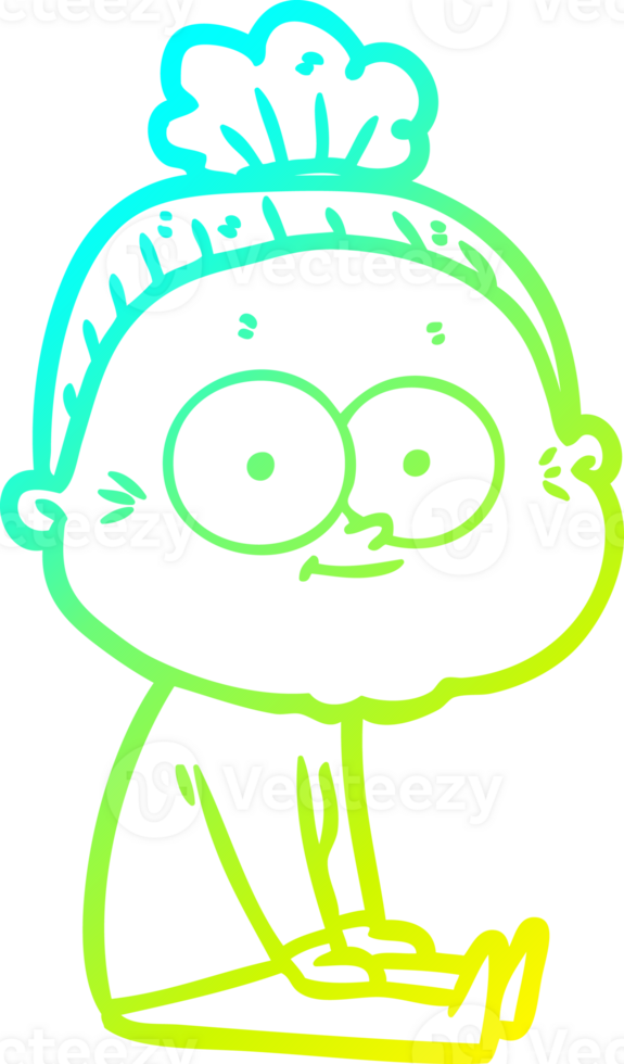 cold gradient line drawing of a cartoon happy old woman png