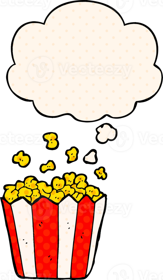 cartoon popcorn with thought bubble in comic book style png