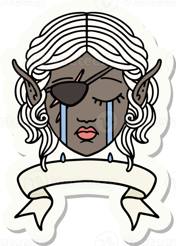 sticker of a crying elf rogue character face with banner png