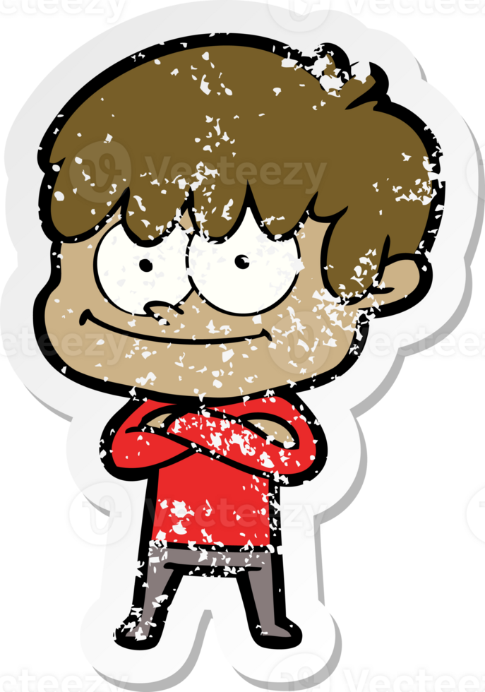 distressed sticker of a happy cartoon man png
