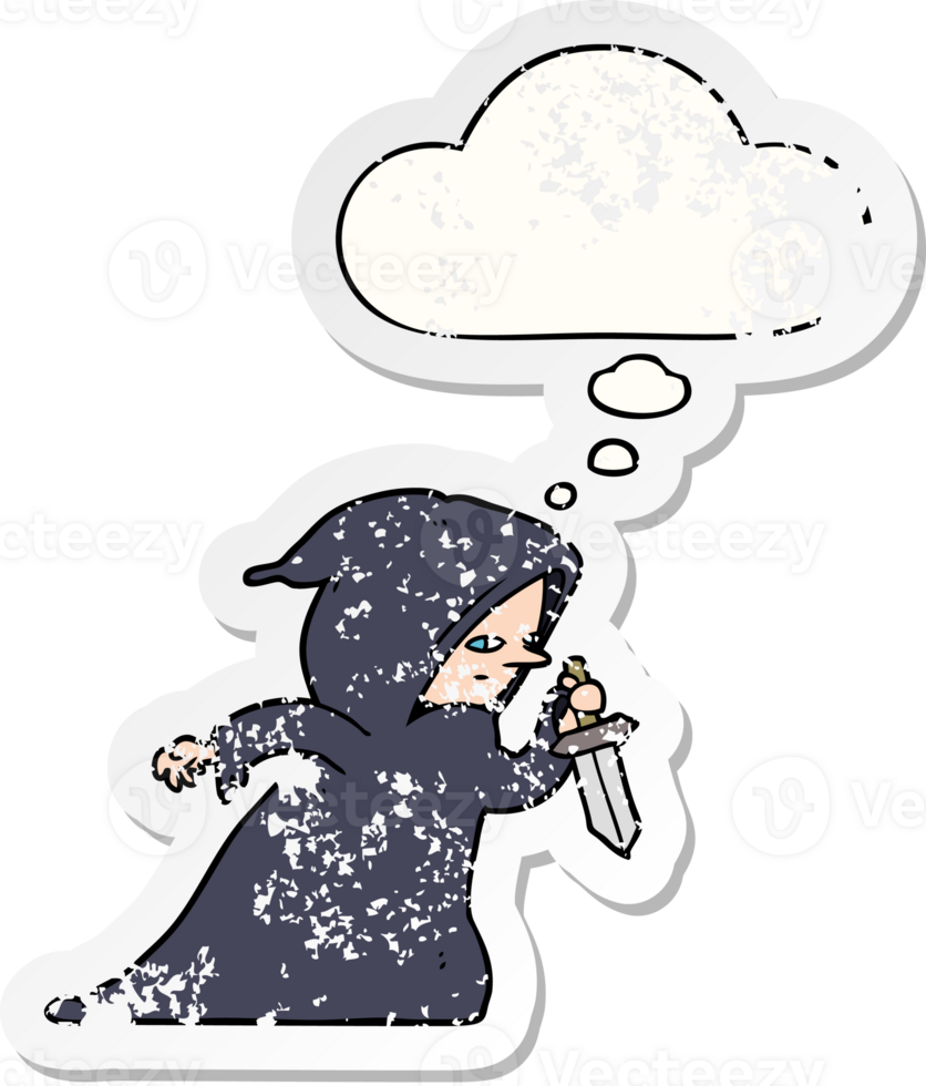 cartoon assassin with thought bubble as a distressed worn sticker png