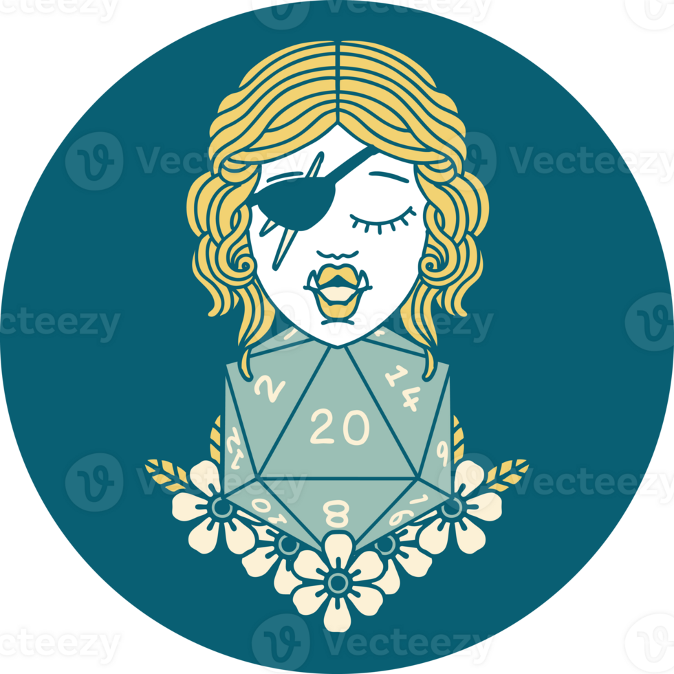 Retro Tattoo Style half orc rogue with natural twenty dice roll png