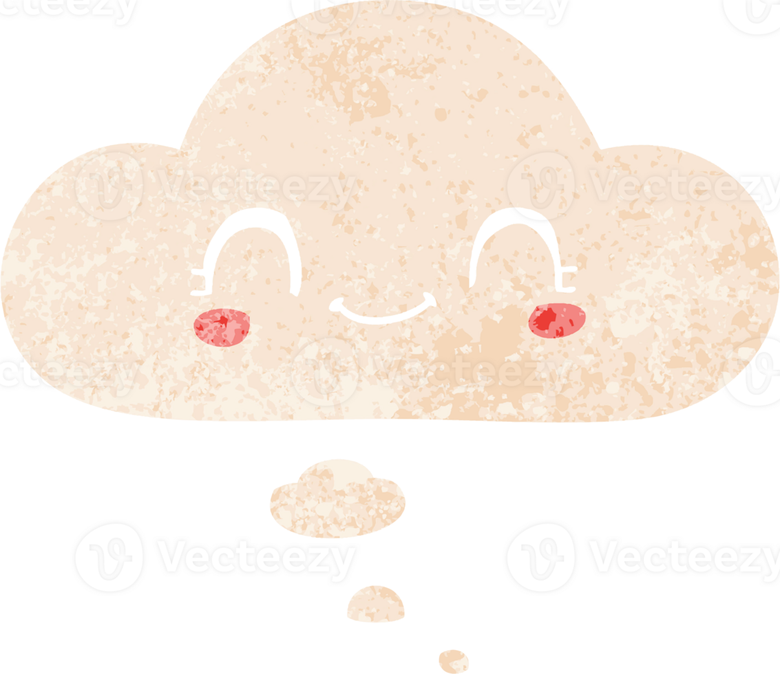 cute cartoon face with thought bubble in grunge distressed retro textured style png
