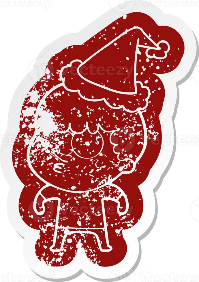 quirky cartoon distressed sticker of a curious boy wearing santa hat png