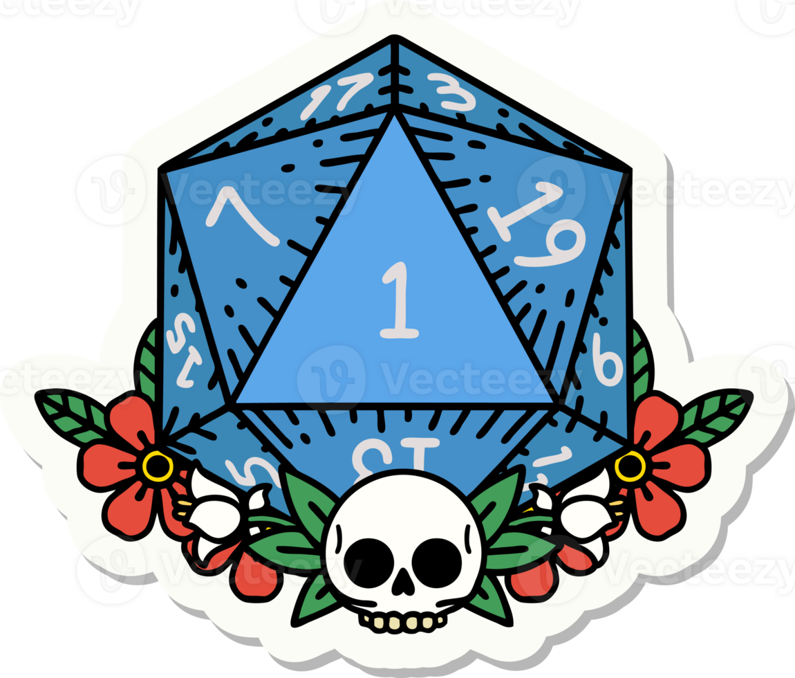 sticker of a natural one dice roll with floral elements png