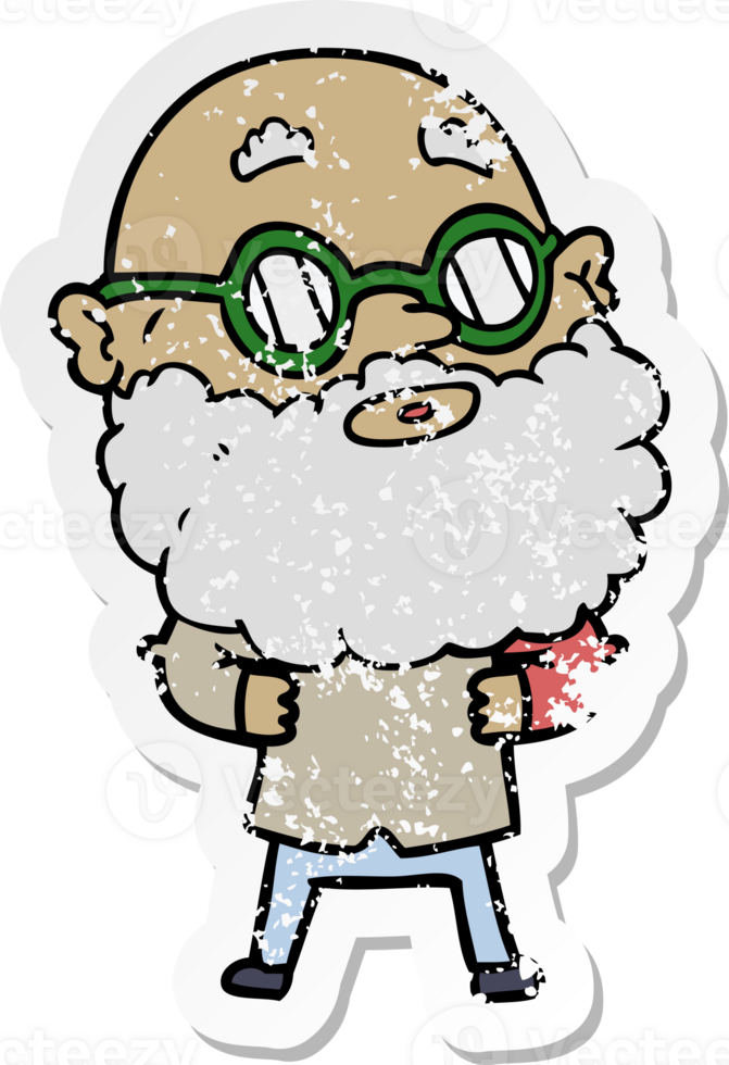 distressed sticker of a cartoon curious man with beard and glasses png