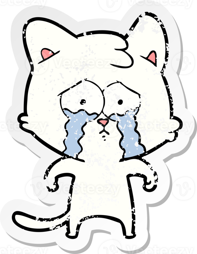 distressed sticker of a cartoon crying cat png