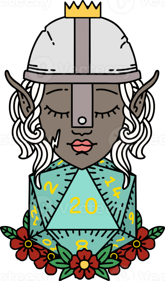 Retro Tattoo Style elf fighter with natural twenty dice roll png