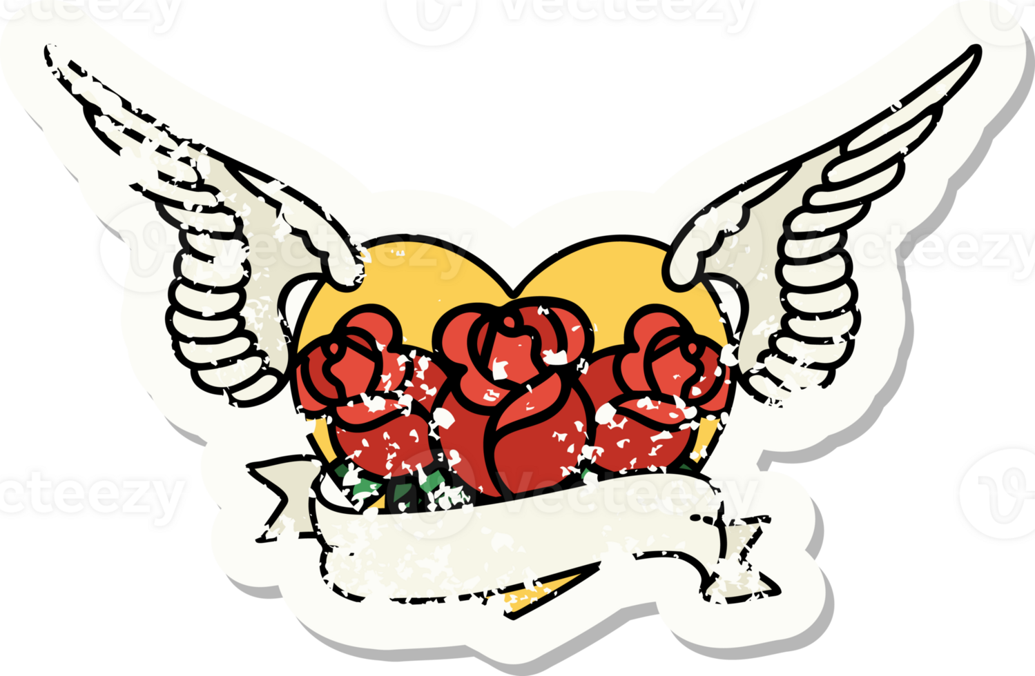 distressed sticker tattoo in traditional style of a flying heart with flowers and banner png