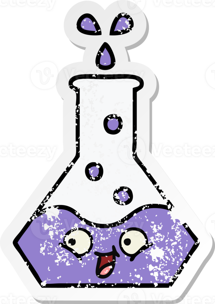 distressed sticker of a cute cartoon science beaker png