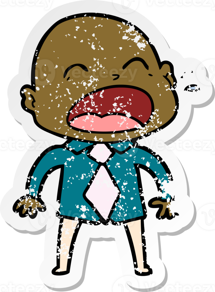 distressed sticker of a cartoon shouting bald man png