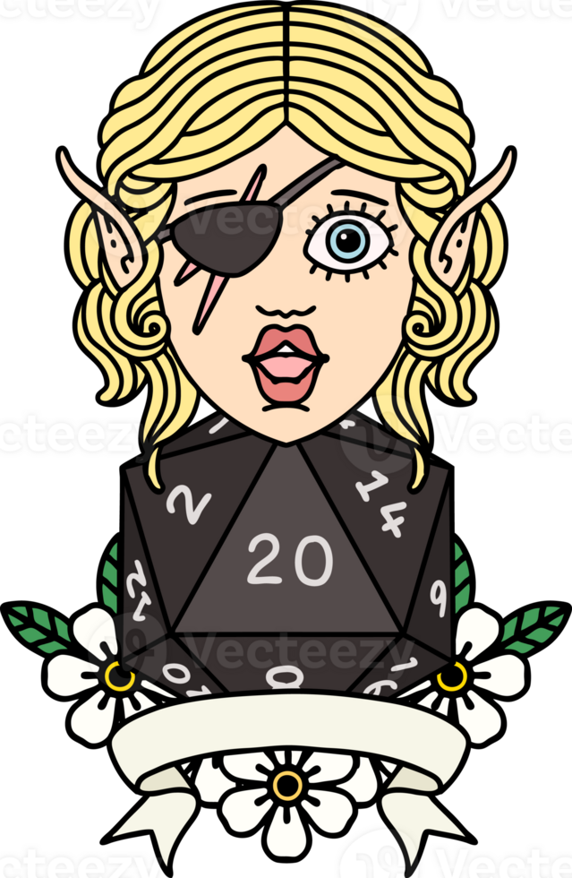 Retro Tattoo Style elf rogue character with natural twenty dice roll png