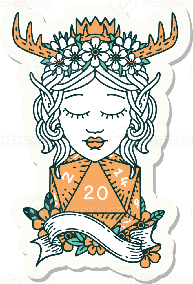 sticker of a elf druid character with natural twenty dice roll png