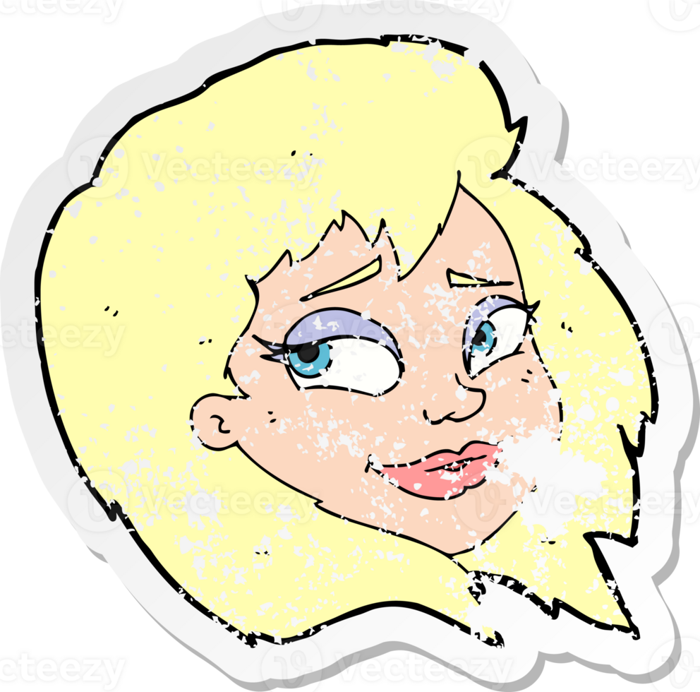 retro distressed sticker of a cartoon happy female face png