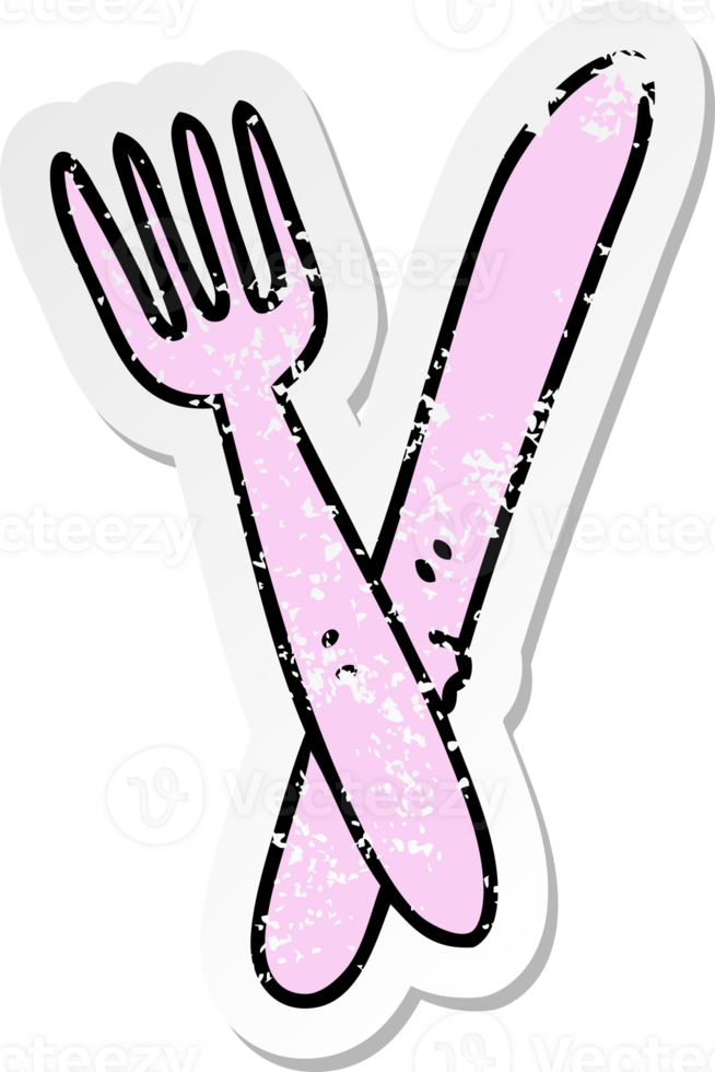 distressed sticker of a quirky hand drawn cartoon cutlery png