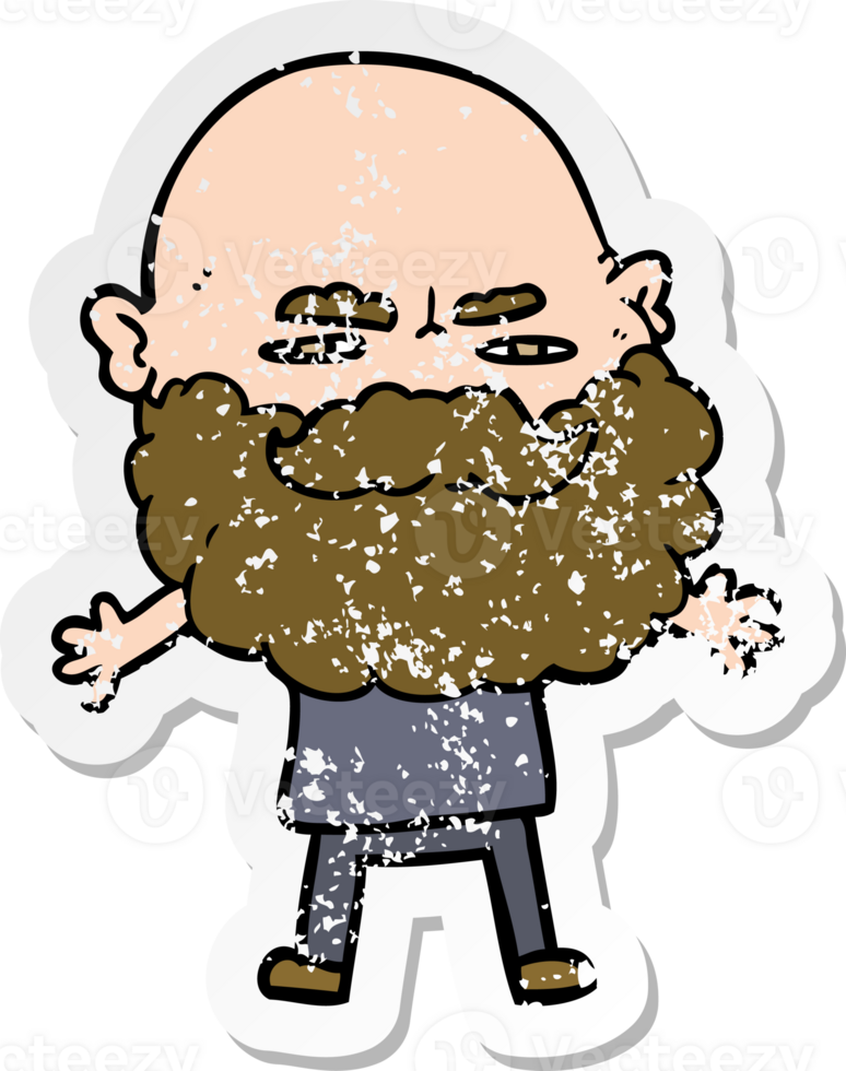 distressed sticker of a cartoon man with beard frowning png