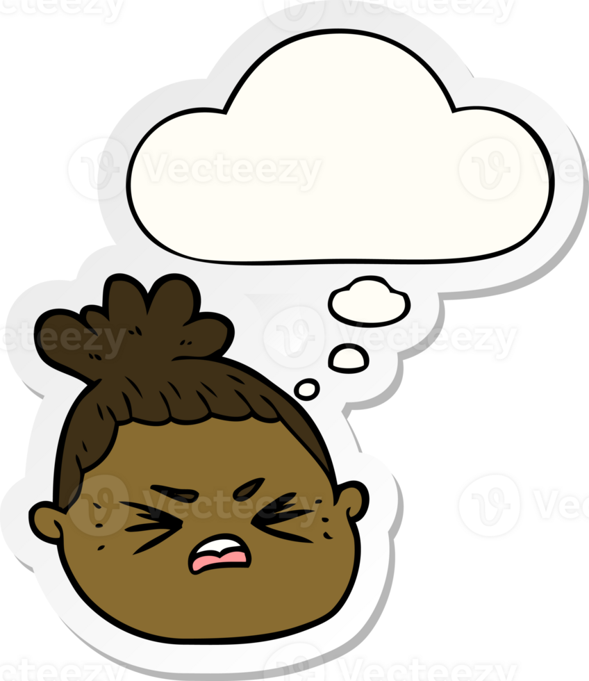 cartoon female face with thought bubble as a printed sticker png