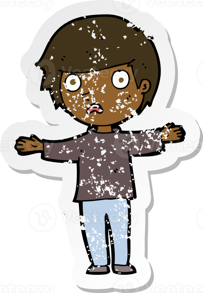 retro distressed sticker of a cartoon worried boy png