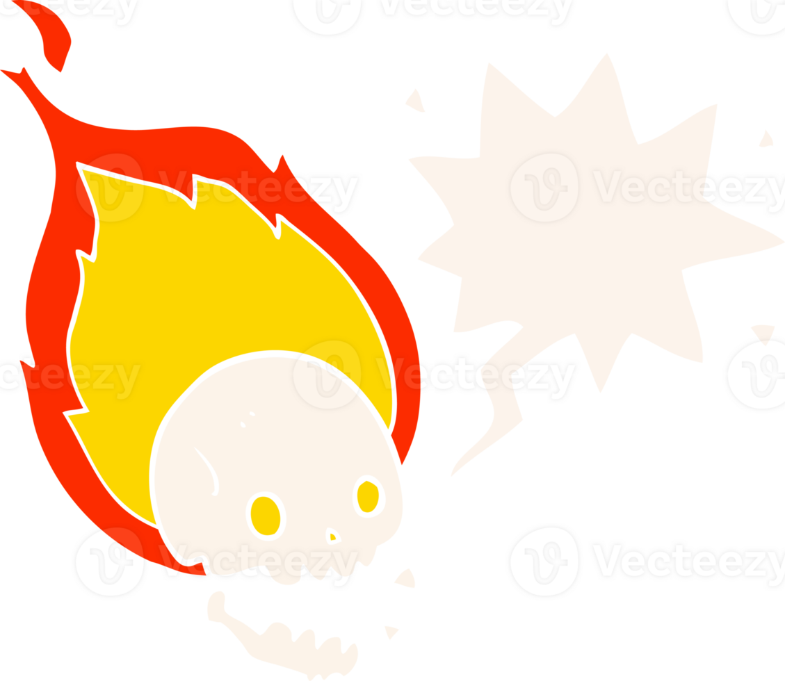 spooky cartoon flaming skull with speech bubble in retro style png