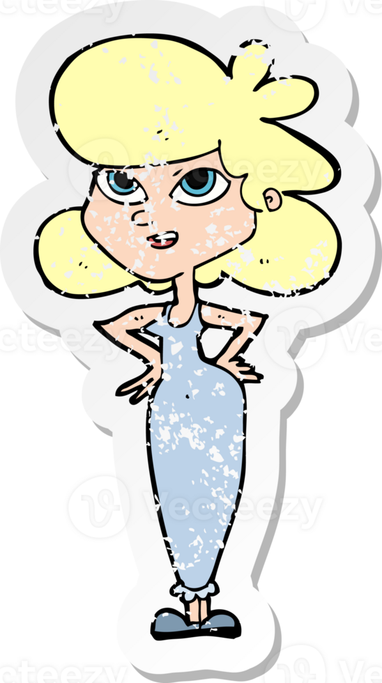 retro distressed sticker of a cartoon girl with hands on hips png