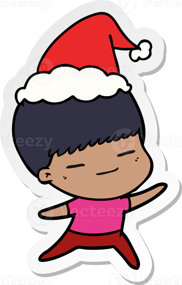hand drawn sticker cartoon of a smug boy wearing santa hat png