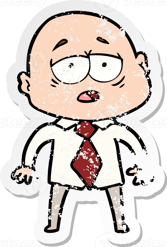 distressed sticker of a cartoon tired bald man in shirt and tie png